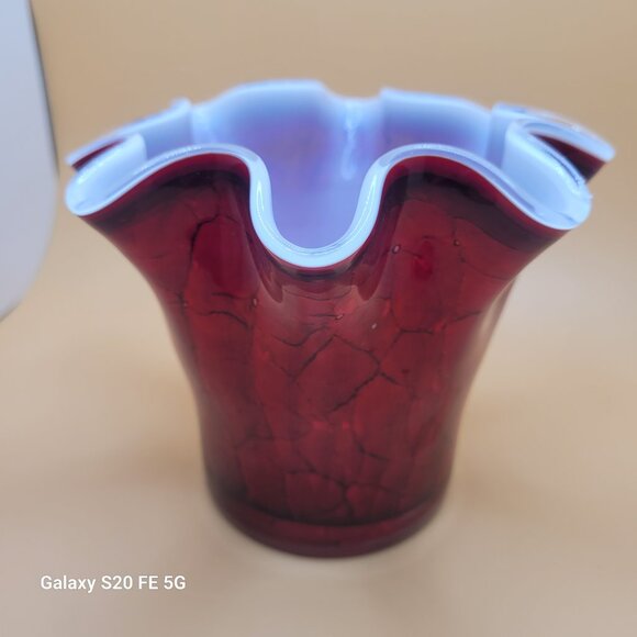Vintage Ruffle Vase Red with Black Accents Cased White Interior Marble Look - Picture 4 of 10